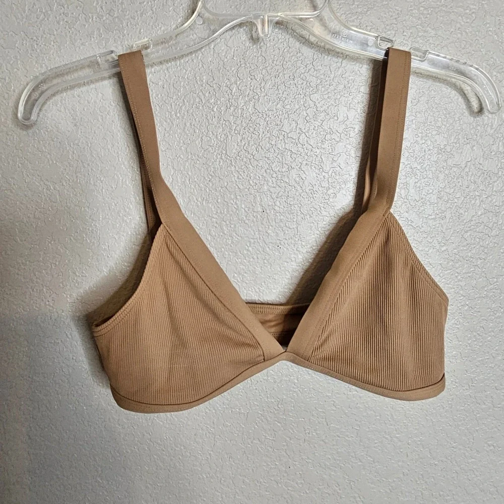 L*Space Farrah Ribbed Triangle Bikini Top Tan Camel Tan Swim Top Medium